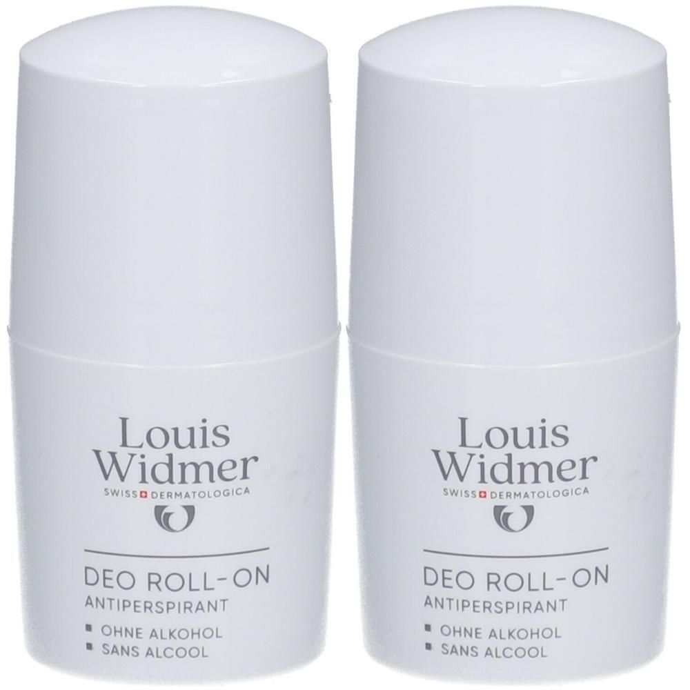 Zwei weiße Deo Roll-on Flaschen. Aufschrift: Louis Widmer, Deo Roll-on, ohne Alkohol. Schweizer dermatologische Marke.