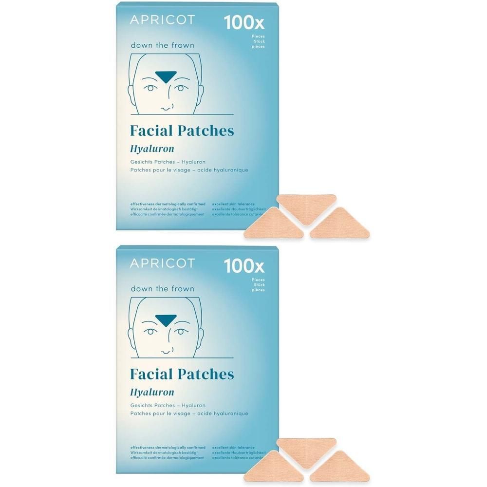 Zwei Packungen mit Gesichtspflastern. Aufdruck: APRICOT, Facial Patches Hyaluron, 100x. Daneben liegen Pflaster.