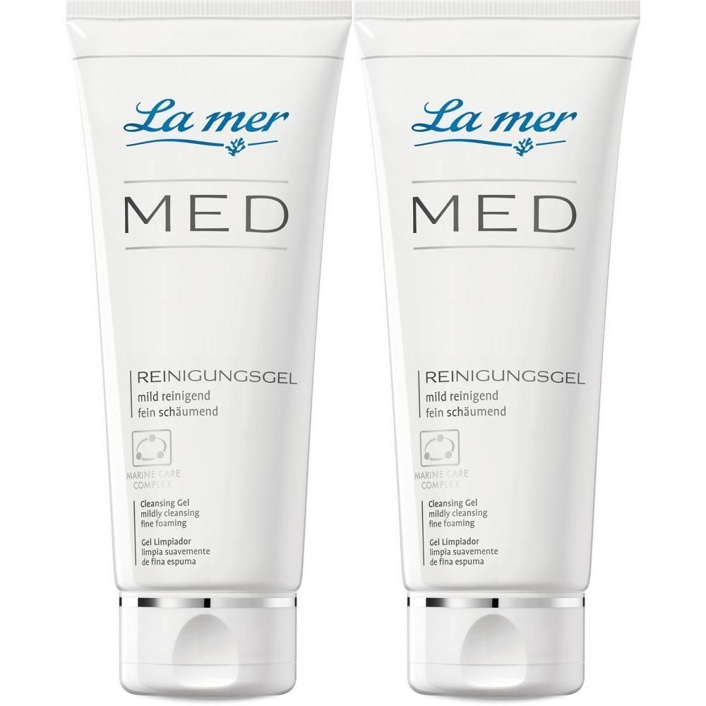 Zwei Tuben La mer MED Reinigungsgel. Weiße Tuben mit blauer Schrift. Produktname und Logo deutlich sichtbar.