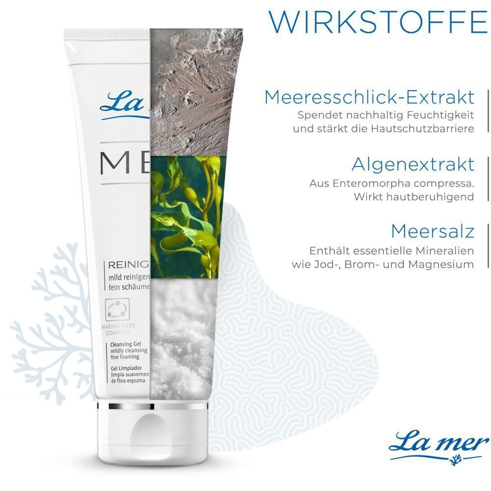 La mer MED Reinigungsgel Tube mit Inhaltsstoff-Grafik. Meeresschlick, Algenextrakt und Meersalz dargestellt.