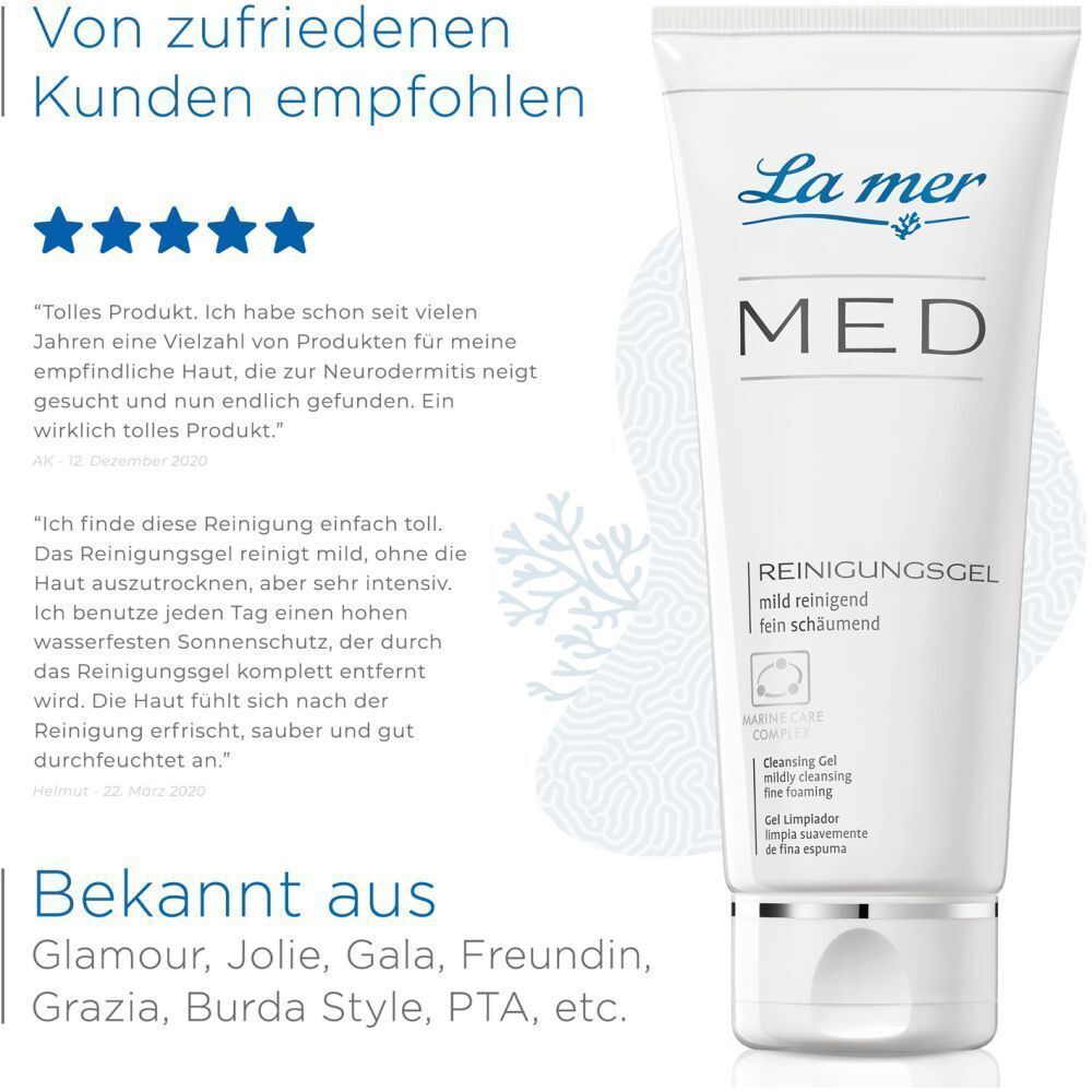 La mer MED Reinigungsgel mit Kundenbewertungen. Produktname und Logo deutlich sichtbar. Erwähnt in Zeitschriften.
