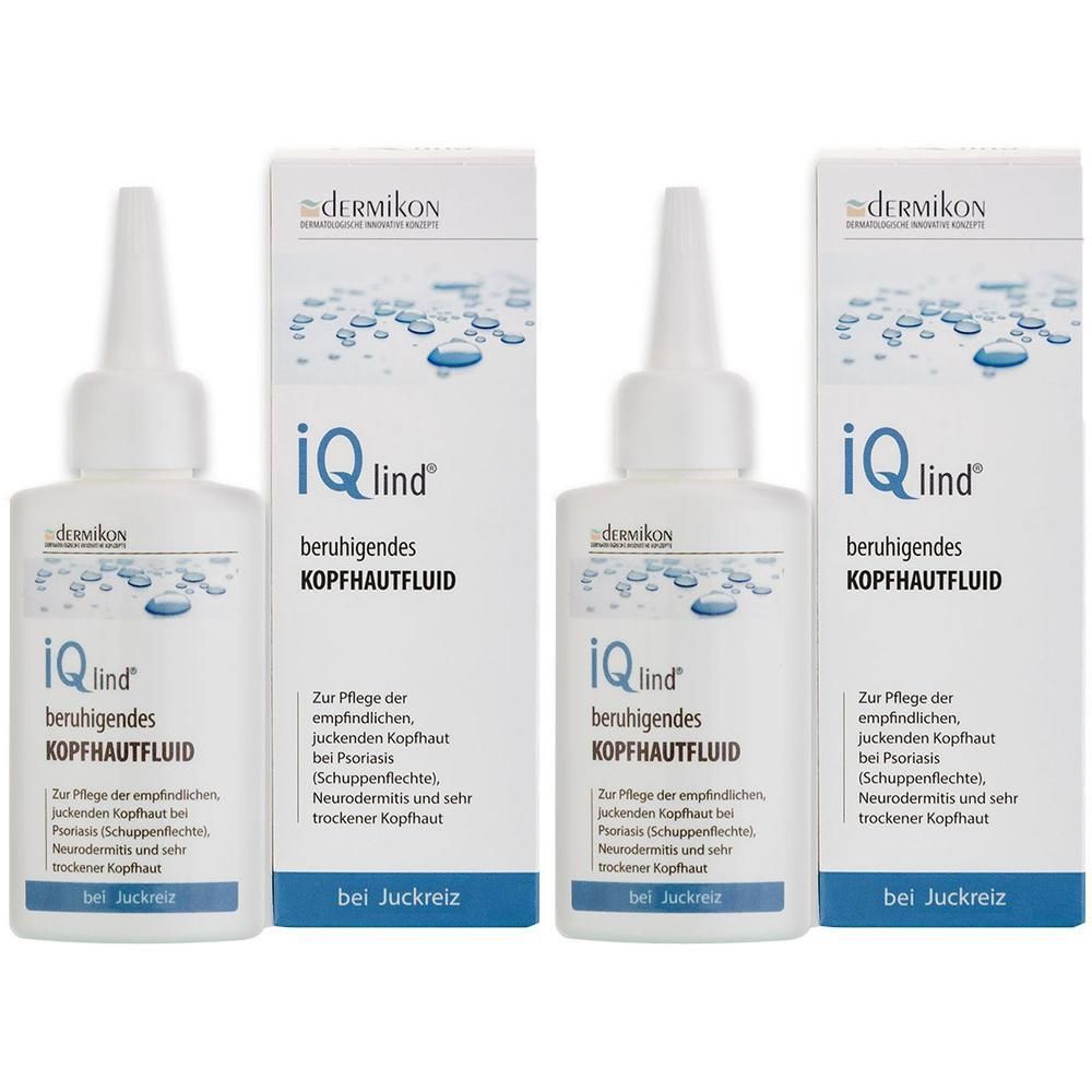 Mehrere Flaschen und Verpackungen von iQ lind Kopfhautfluid. Weiße Flaschen mit spitzem Applikator. Text: beruhigendes KOPFHAUTFLUID.