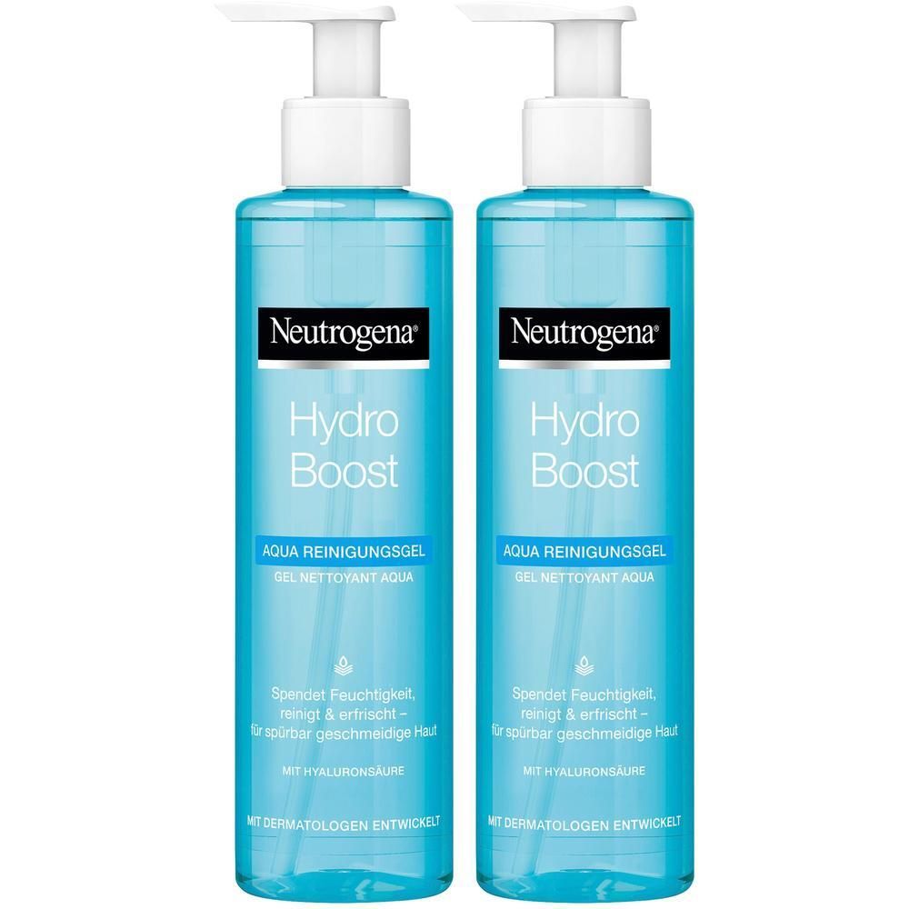 Zwei Flaschen Aqua Reinigungsgel. Weiße Pumpaufsätze, blaue Flüssigkeit. Neutrogena Hydro Boost Logo.