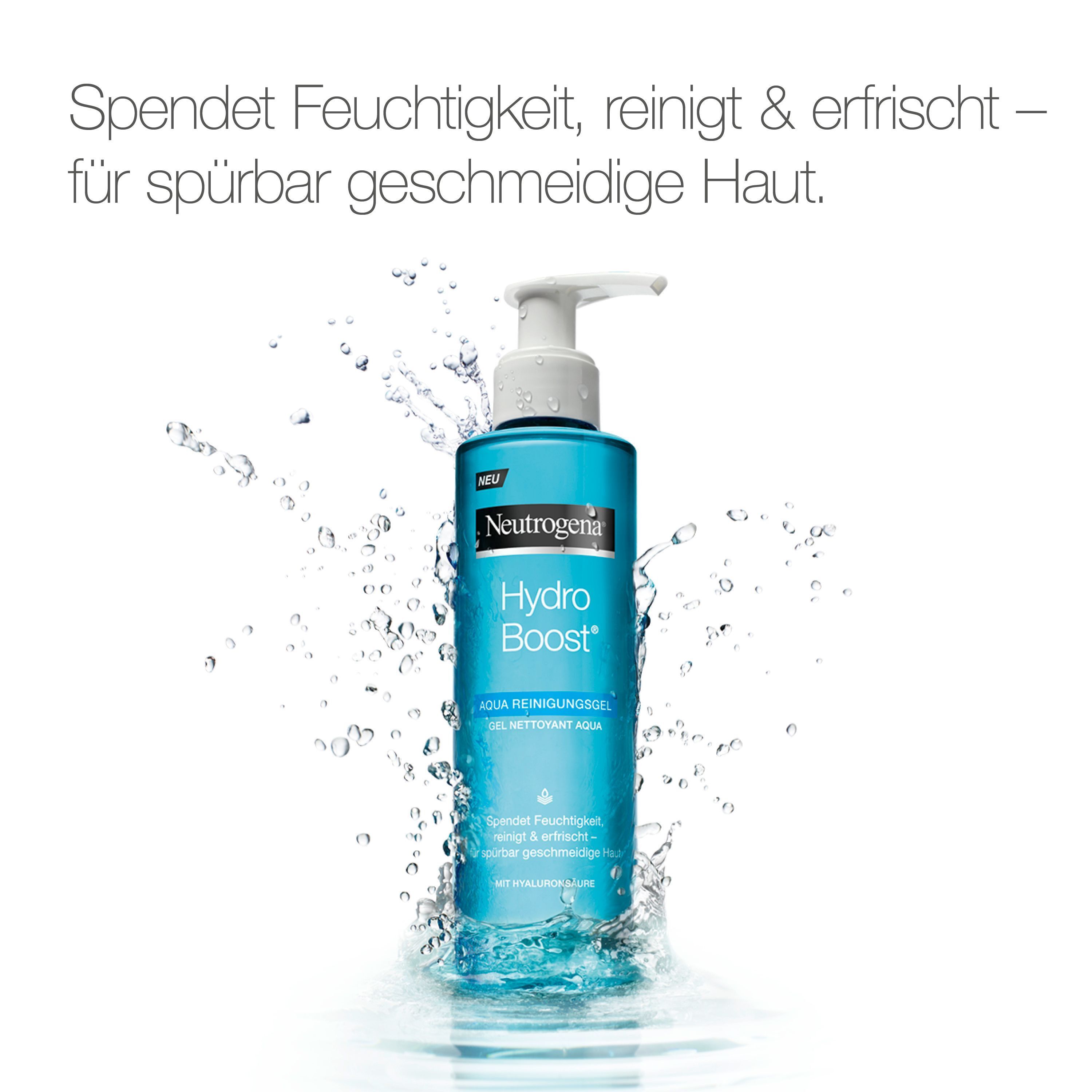 Aqua Reinigungsgel-Flasche mit weißem Pumpaufsatz. Blaue Flüssigkeit, Wasser spritzt. Neutrogena Hydro Boost Logo.