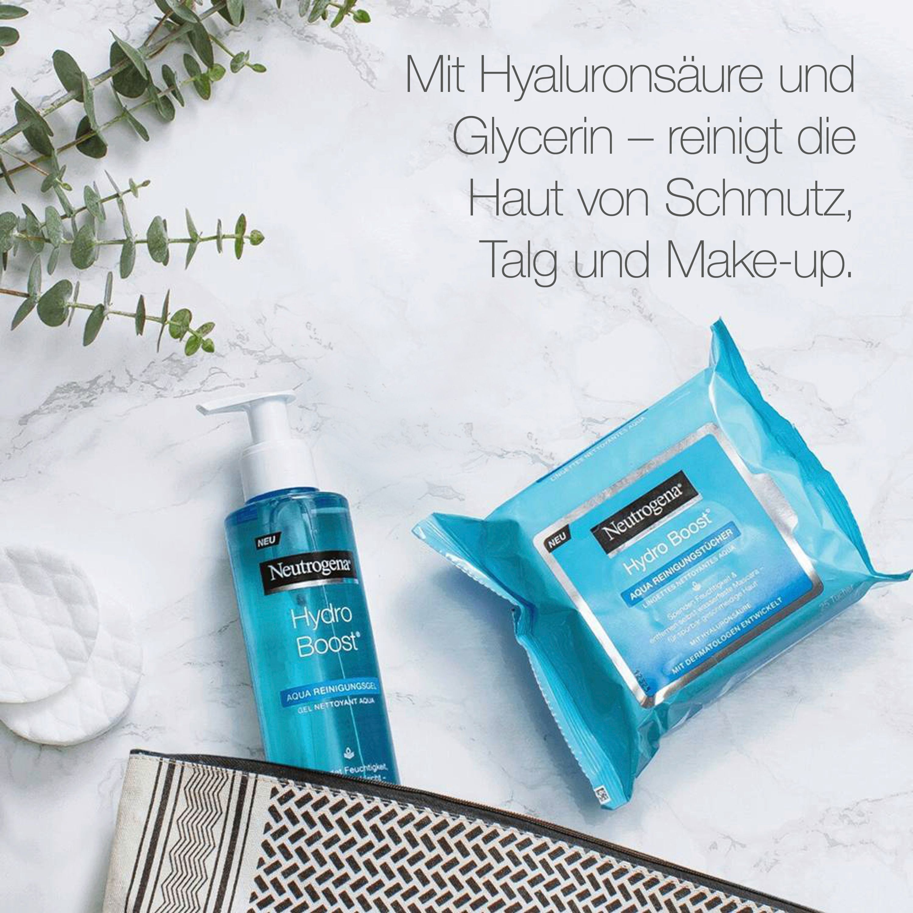 Aqua Reinigungsgel-Flasche, Reinigungstücher und Wattepads. Neutrogena Hydro Boost Logo. Auf Marmoroberfläche.