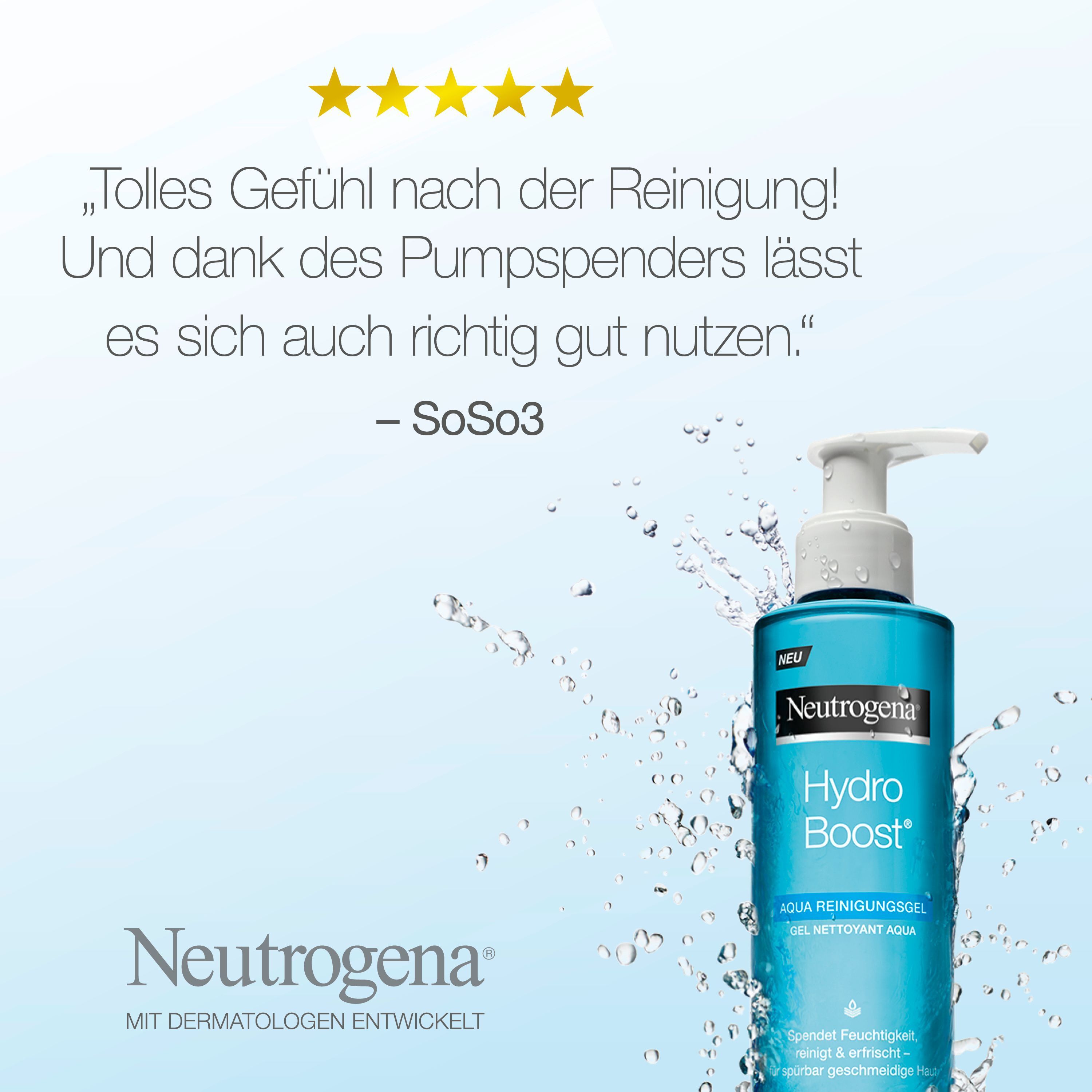 Aqua Reinigungsgel-Flasche mit weißem Pumpaufsatz. Neutrogena Hydro Boost Logo. Sterne und Zitat.