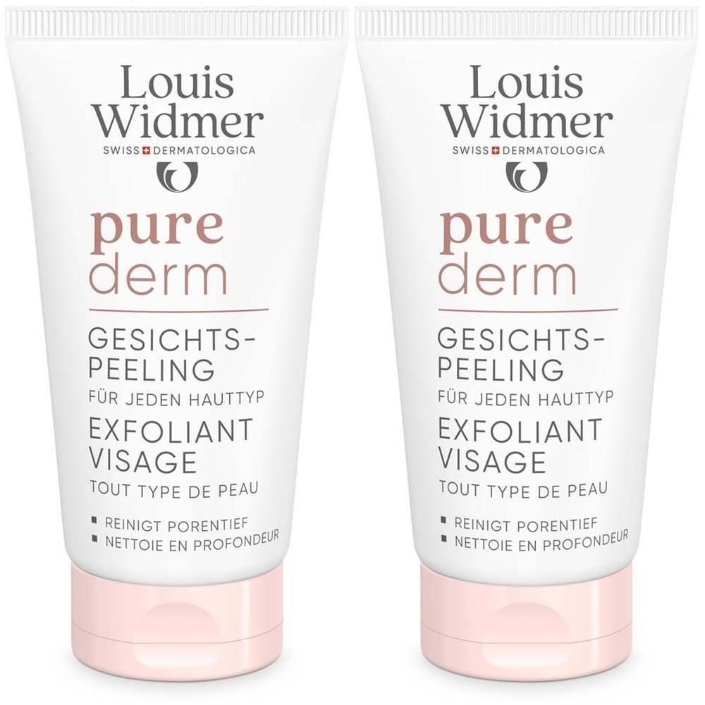 Zwei Tuben Gesichtspeeling. Weiß, mit rosa Verschluss. Aufschrift: Louis Widmer, pure derm, Gesichtspeeling, für jeden Hauttyp.