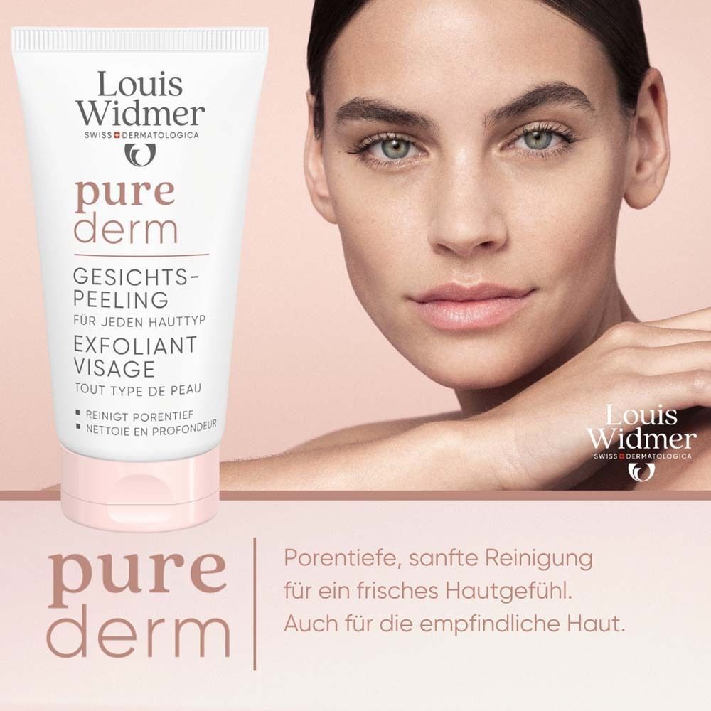 Frau mit Gesichtspeeling-Tube. Aufschrift: Louis Widmer, pure derm, Gesichtspeeling, für jeden Hauttyp. Text: Porentiefe, sanfte Reinigung.