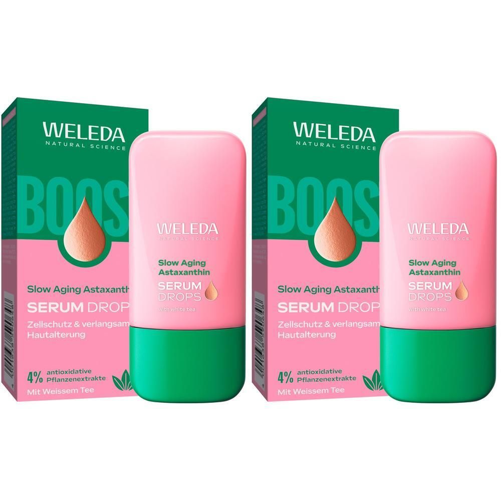 Zwei Packungen WELEDA Slow Aging Astaxanthin Serum Drops. Rosa Flaschen mit grünen Deckeln und grünen Schachteln.