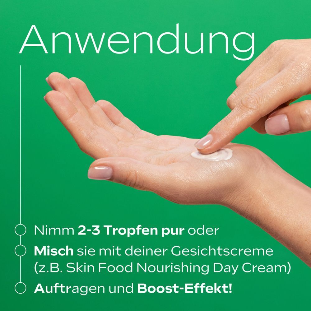 Hände tragen Creme auf. Text: Nimm 2-3 Tropfen pur oder mische sie mit deiner Gesichtscreme. Auftragen und Boost-Effekt!