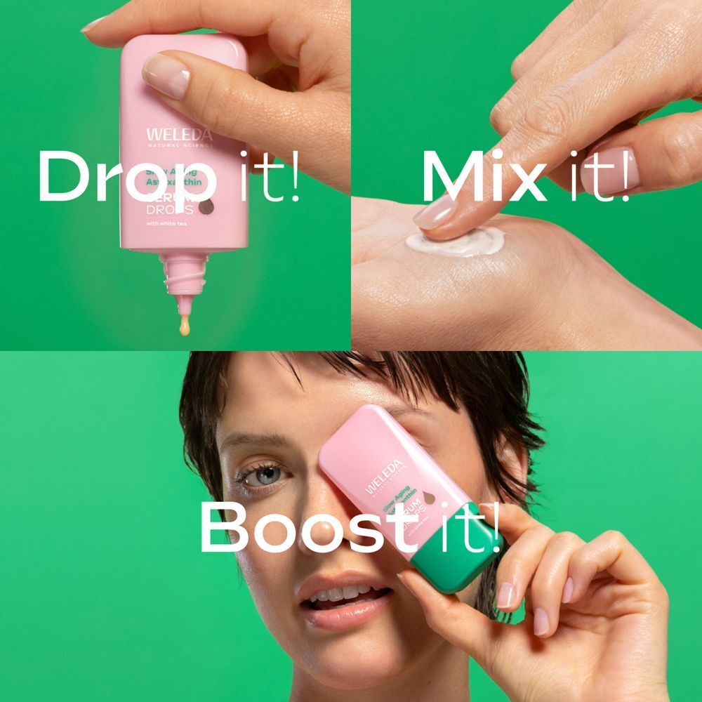 Anwendung des Serums. Tropfen, Mischen, Auftragen. Text: Drop it!, Mix it!, Boost it!