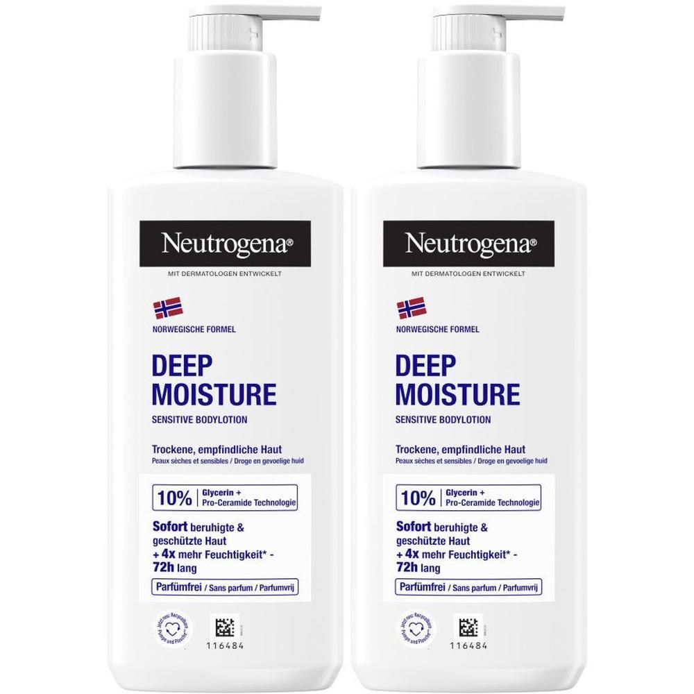 Zwei weiße Flaschen NEUTROGENA Deep Moisture Bodylotion. Mit Pumpverschluss. Text: Deep Moisture, sensitive Bodylotion.