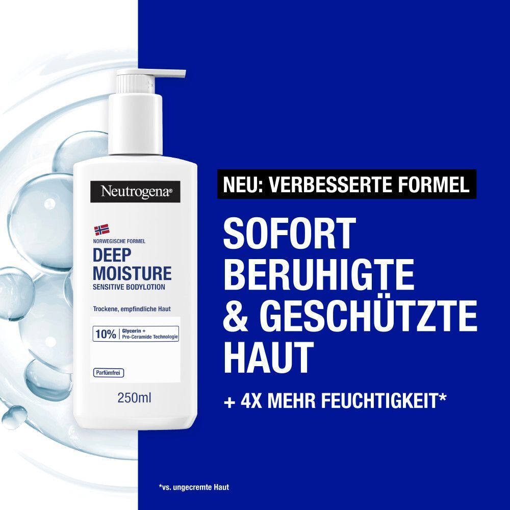 Weiße Flasche NEUTROGENA Deep Moisture Bodylotion. Text: NEU: VERBESSERTE FORMEL. SOFORT BERUHIGTE & GESCHÜTZTE HAUT. 250ml.