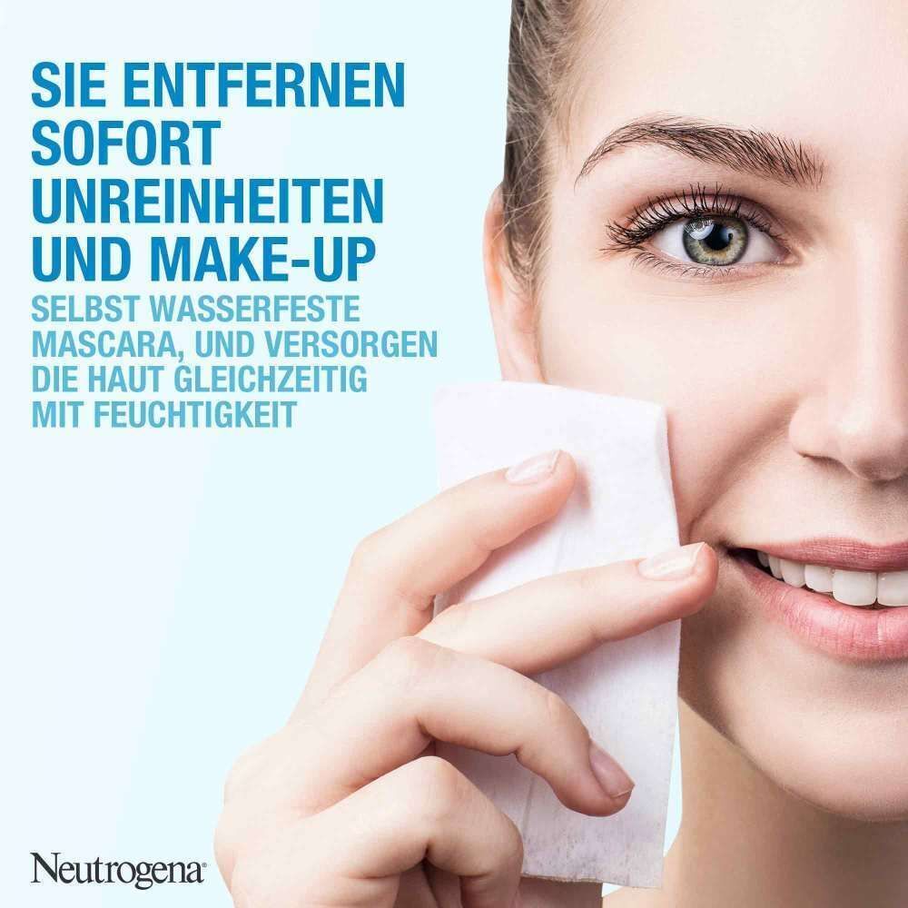 Frau reinigt Gesicht mit Reinigungstuch. Produktverpackung im Hintergrund. Text: Entfernt Unreinheiten und Make-up.