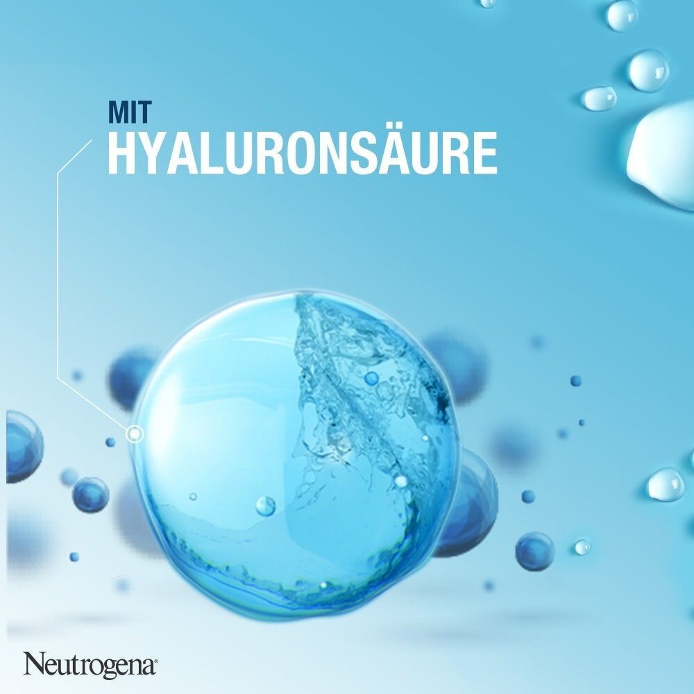 Grafik mit blauen Wasserblasen. Text: Mit Hyaluronsäure. Logo Neutrogena.