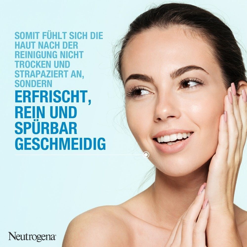 Frau lächelt. Text: Erfrischt, rein und spürbar geschmeidig. Logo Neutrogena.