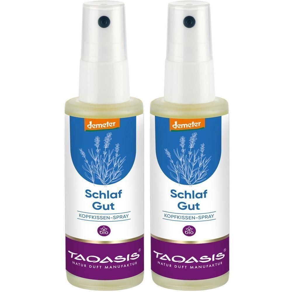 Zwei Sprühflaschen mit blau-weißem Etikett. Aufschrift: Schlaf Gut, KOPFKISSEN-SPRAY. Demeter-Siegel.