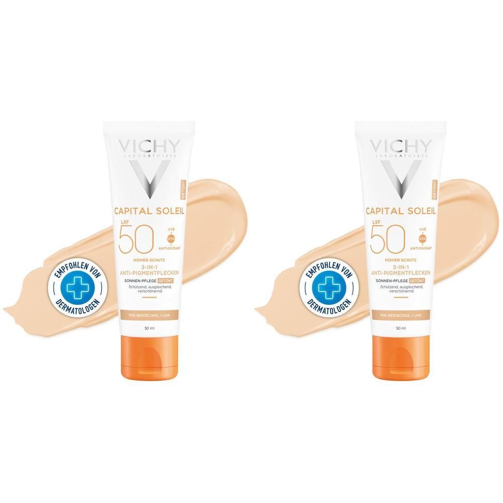 Zwei Tuben VICHY CAPITAL SOLEIL LSF 50+ Anti-Pigmentflecken Creme. Aufdrucke: Vichy, Capital Soleil, LSF 50+, 3-in-1, Anti-Pigmentflecken, Dermatologen empfohlen.
