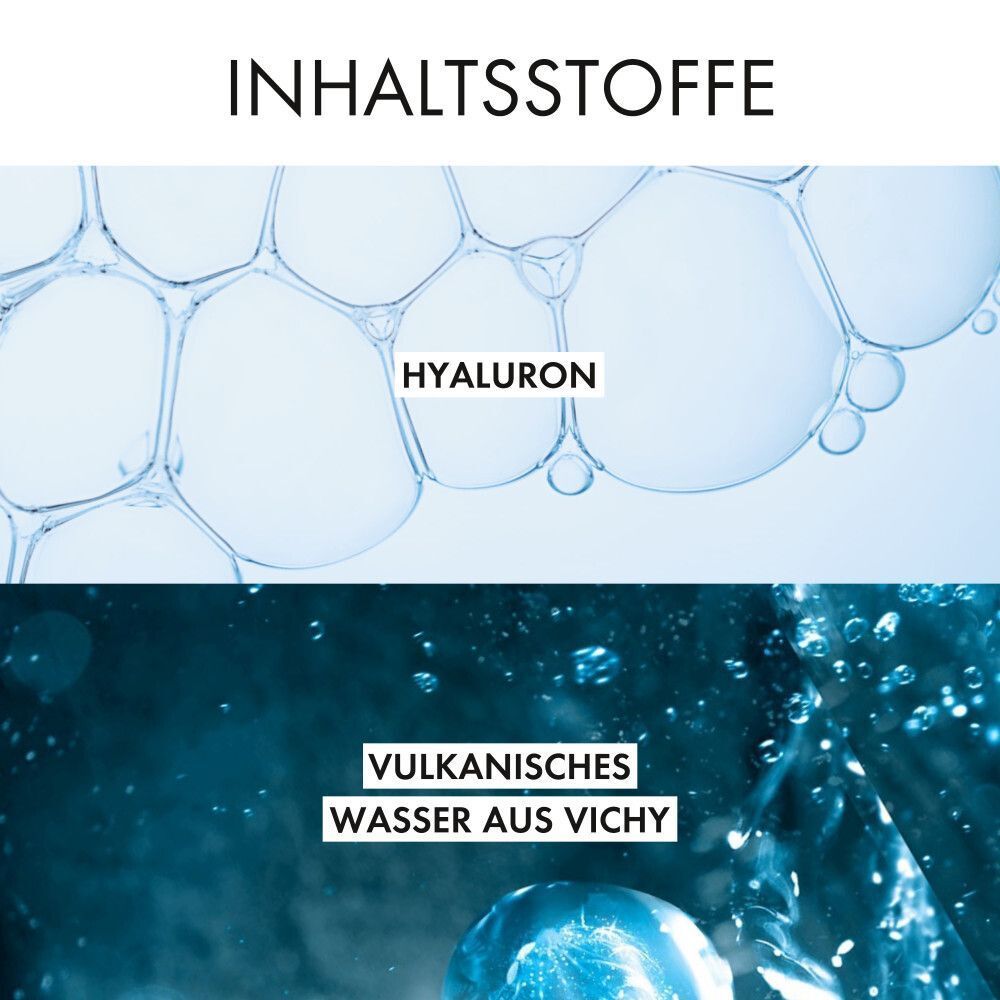 Nahaufnahme von Inhaltsstoffen. Text: Hyaluron und Vulkanisches Wasser aus Vichy.