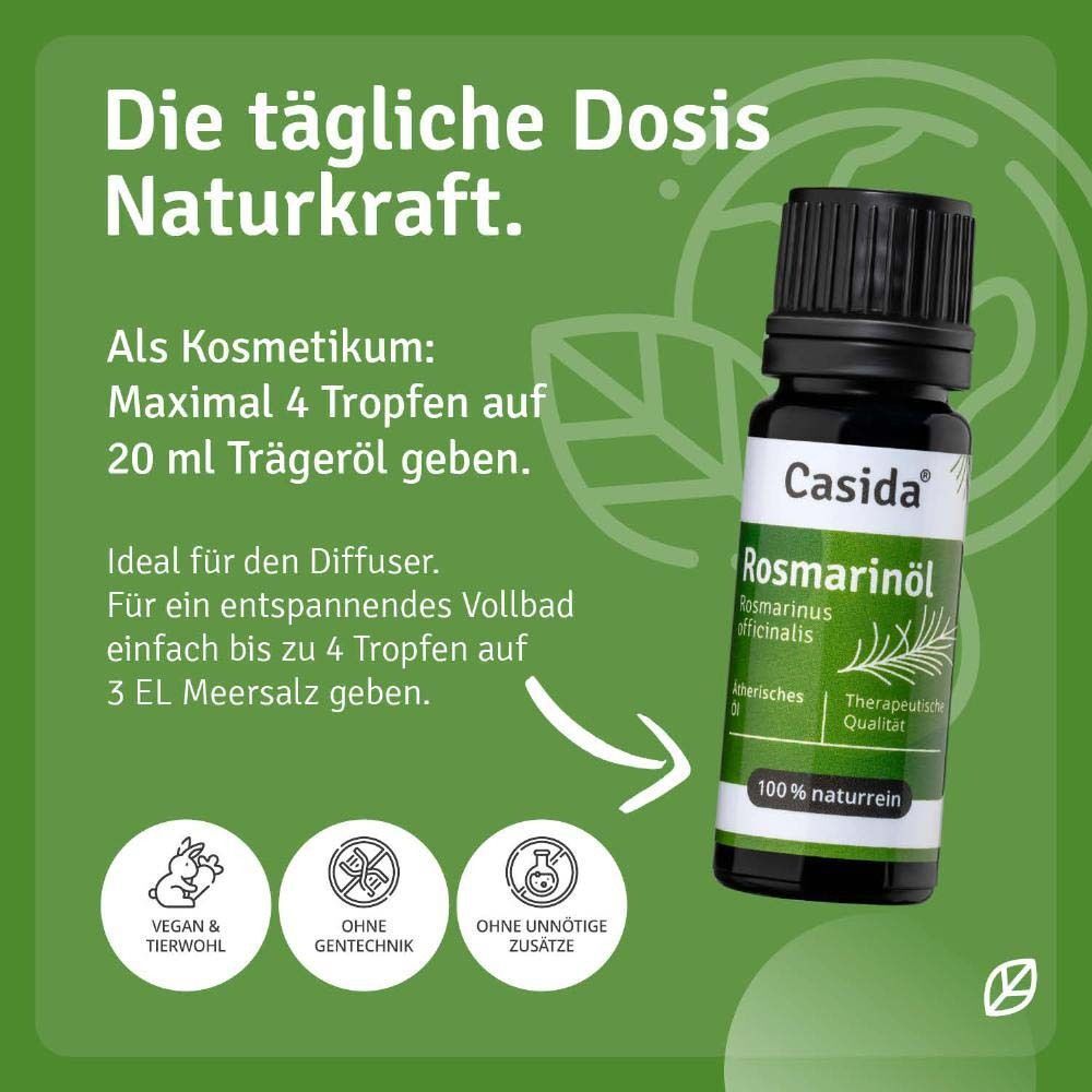 Flasche mit schwarzem Deckel. Etikett mit Aufschrift: Casida, Rosmarinöl. Text: Vegan & tierwohl, ohne Gentechnik, ohne Zusätze.