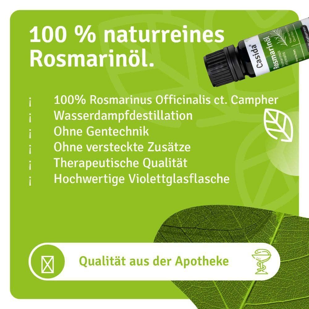 Flasche mit schwarzem Deckel. Etikett mit Aufschrift: Casida, Rosmarinöl. Text: 100% naturreines Rosmarinöl, Qualität aus der Apotheke.