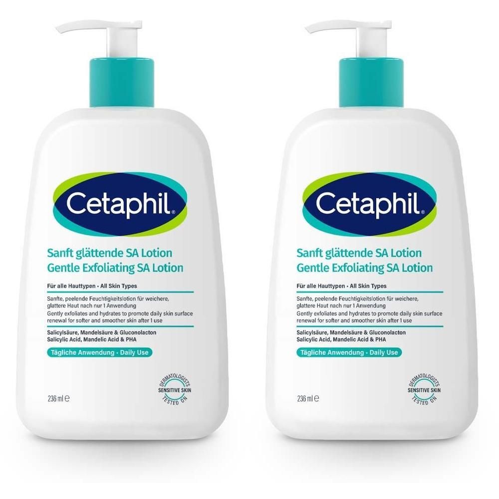 Zwei weiße Flaschen mit grün-blauem Etikett und Pumpe. Aufschrift: Cetaphil, Sanft glättende SA Lotion.