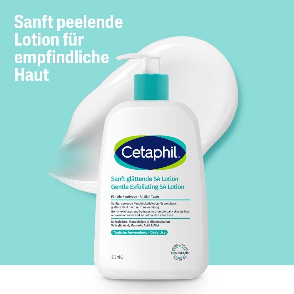 Flasche Cetaphil SA Lotion mit Creme. Text: Sanft peelende Lotion für empfindliche Haut. Für alle Hauttypen.