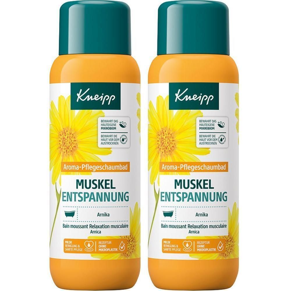 Zwei Flaschen Kneipp® Aroma-Pflegeschaumbad Muskel Entspannung. Gelbe Flaschen mit grünen Deckeln. Aufdruck mit Sonnenblume und Produktnamen.