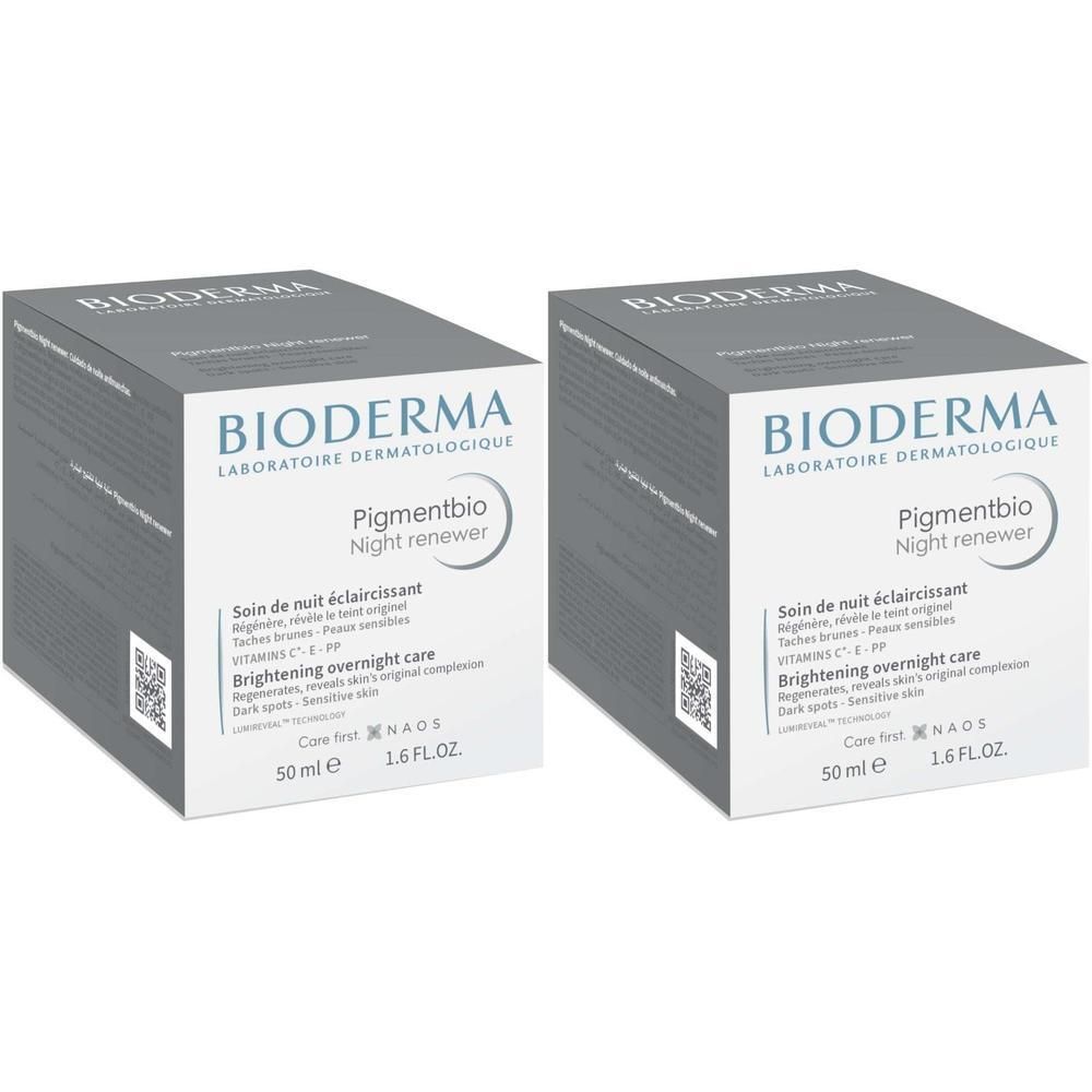 Zwei Kartons BIODERMA Pigmentbio Nachtpflege Creme. Aufdrucke: Pigmentbio, Nachtpflege, 50 ml, 1.6 FL.OZ.