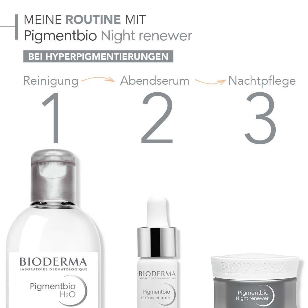 Drei Produkte: BIODERMA Pigmentbio H2O, Pigmentbio C-Konzentrat, und Pigmentbio Nachtpflege Creme. Anordnung für die Anwendung.