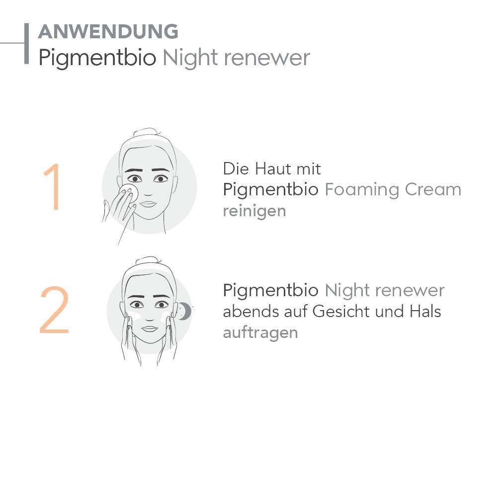 Anwendungsschritte: 1. Reinigung mit Pigmentbio Foaming Cream. 2. Auftragen von Pigmentbio Nachtpflege Creme.