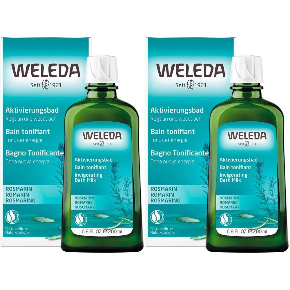 Zwei grüne Flaschen mit weißem Verschluss und Karton. Aufschrift: WELEDA, Aktivierungsbad, Rosmarin.