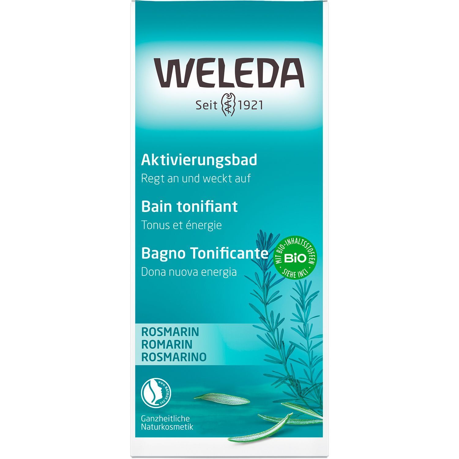 Karton mit Aufschrift: WELEDA, Aktivierungsbad, Rosmarin. Mit Bio-Siegel und Logo für Naturkosmetik.