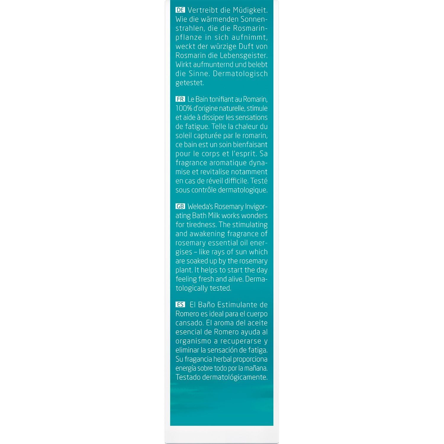 Text auf blauem Hintergrund. Beschreibt die Wirkung des Produkts. Dermatologisch getestet.