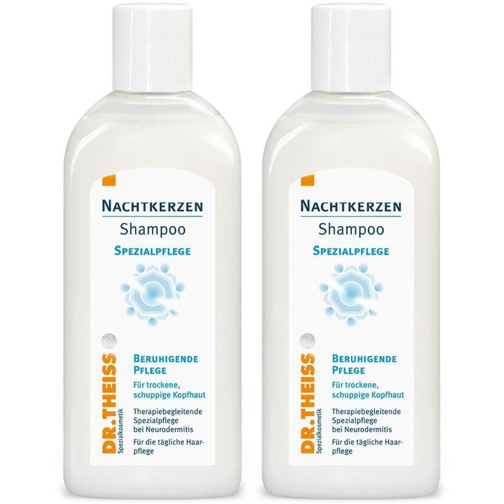 Zwei weiße Flaschen mit weißem Deckel. Aufschrift: Nachtkerzen Shampoo, Spezialpflege, Beruhigende Pflege, DR. THEISS.
