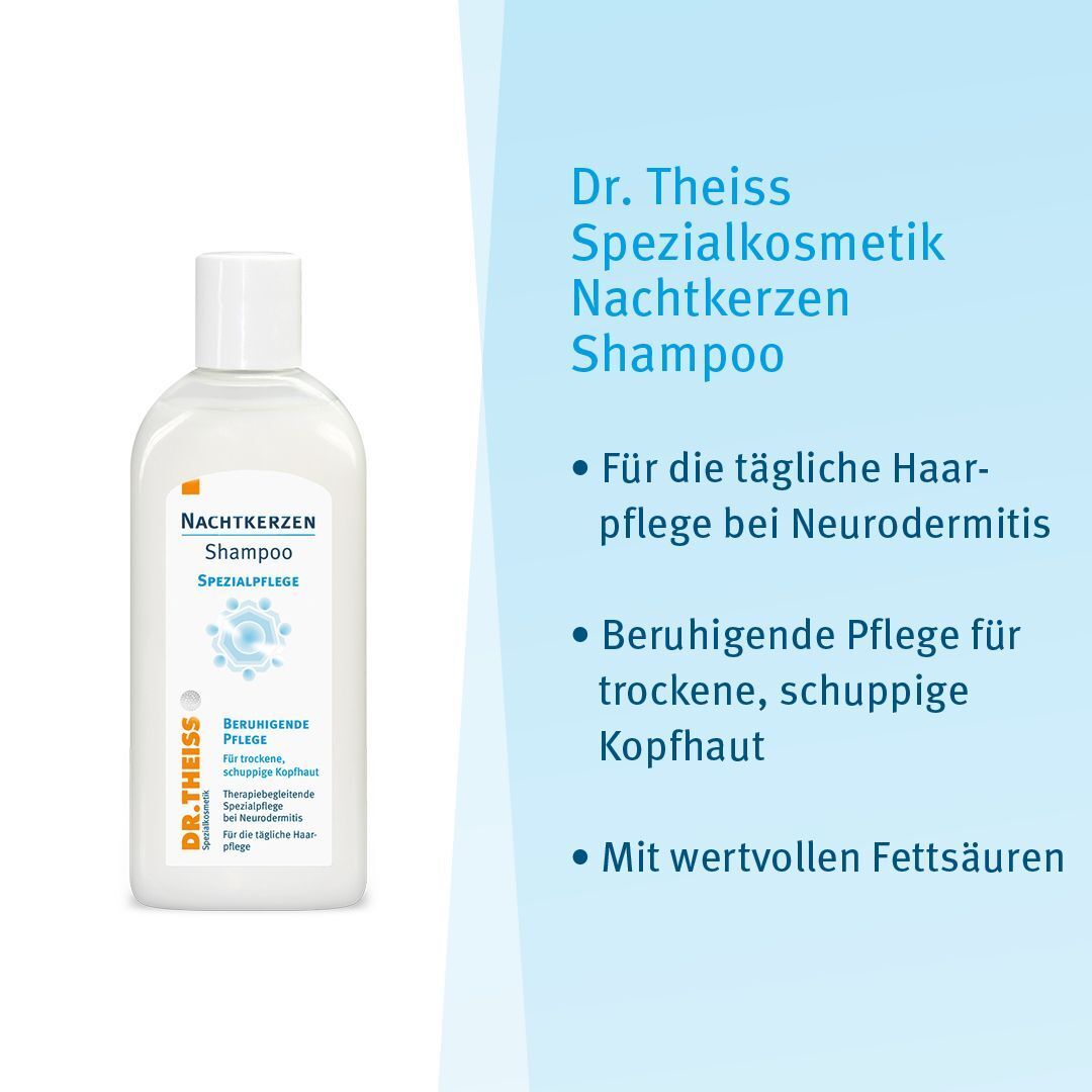 Weiße Flasche mit weißem Deckel. Aufschrift: Nachtkerzen Shampoo, Spezialpflege, Beruhigende Pflege, DR. THEISS. Text: Für trockene, schuppige Kopfhaut.