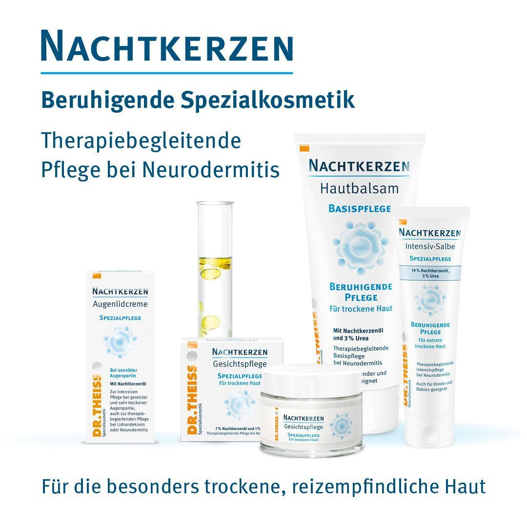 Verschiedene Produkte. Aufschrift: Nachtkerzen, Beruhigende Spezialkosmetik, DR. THEISS. Produkte für trockene, reizempfindliche Haut.