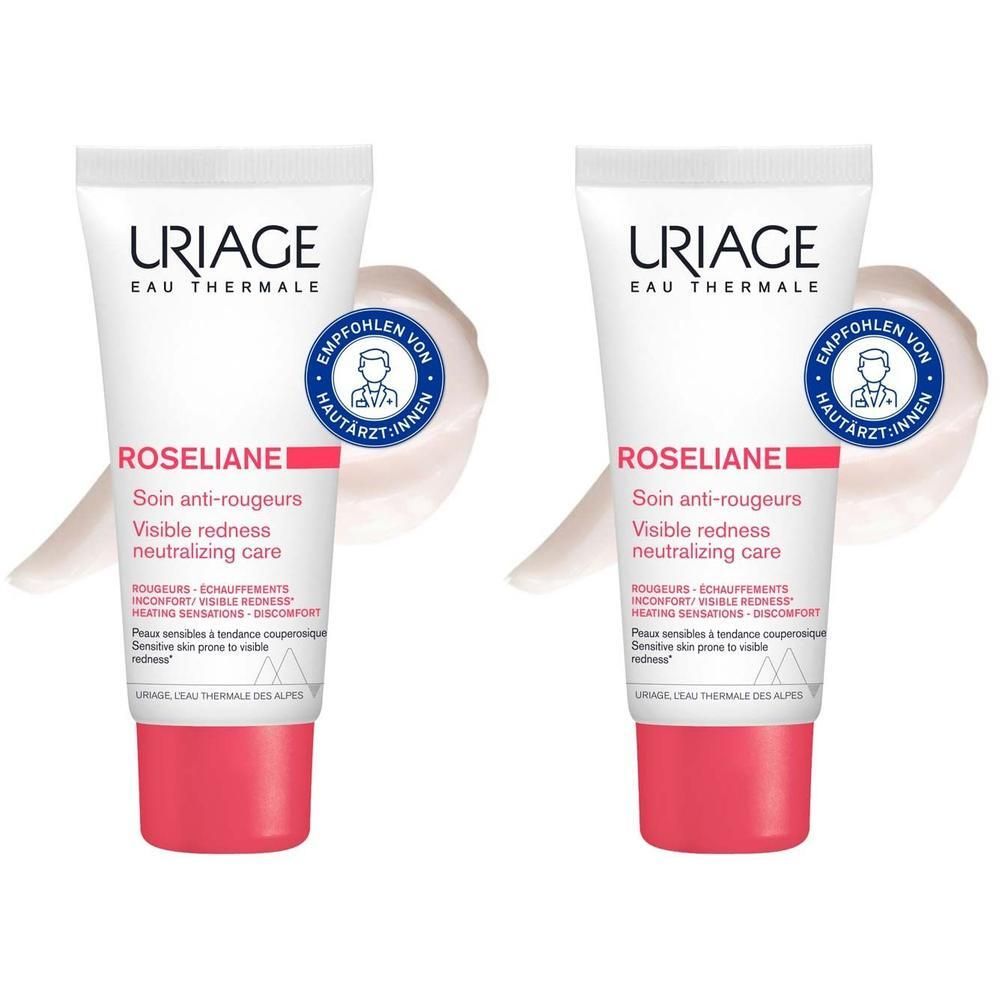 Zwei Tuben Creme gegen Rötungen. Weiß-rosa Tuben mit roter Kappe. Marke URIAGE. Text: Roseliane, soin anti-rougeurs.