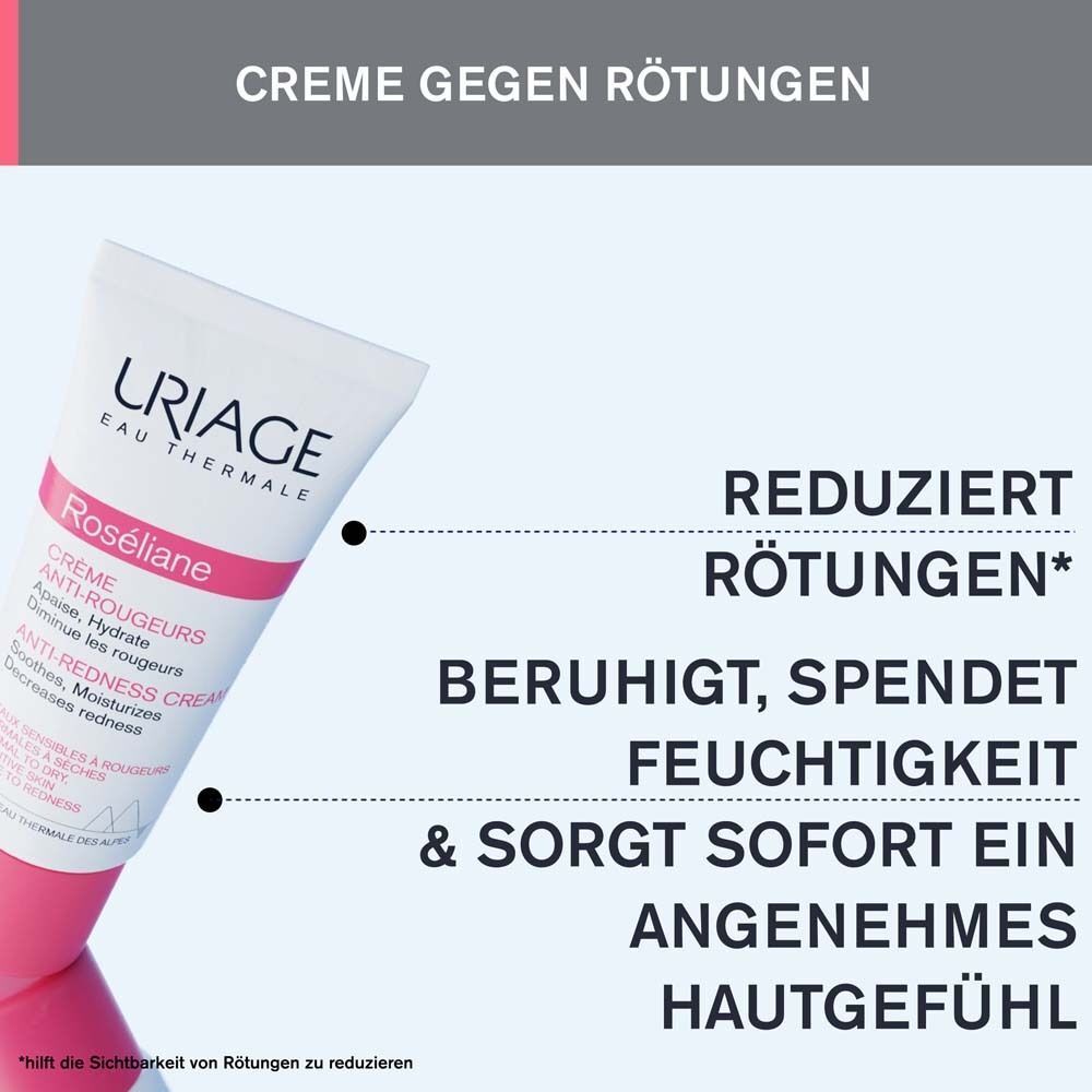 Tube Creme gegen Rötungen. Marke URIAGE. Text: Reduziert Rötungen, beruhigt, spendet Feuchtigkeit & sorgt sofort ein angenehmes Hautgefühl.