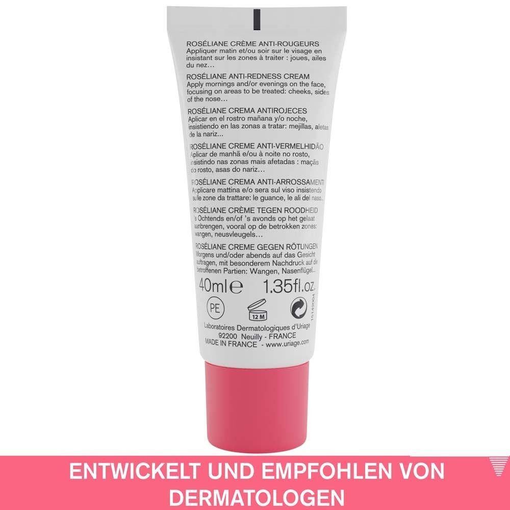 Rückseite einer Creme-Tube. Text: Roseliane Creme anti-rougeurs. Entwickelt und empfohlen von Dermatologen. 40ml.