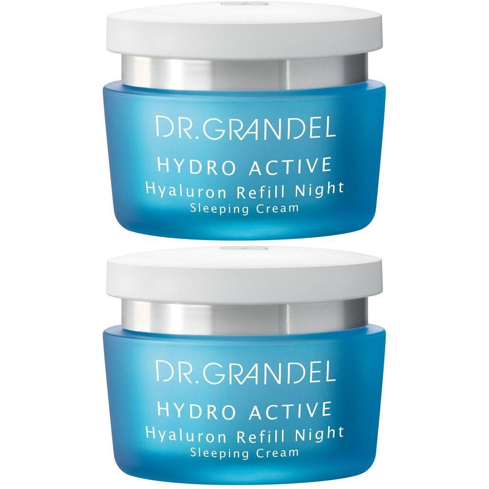 Zwei blaue Tiegel mit weißem Deckel. Aufschrift: DR. GRANDEL HYDRO ACTIVE Hyaluron Refill Night Sleeping Cream.