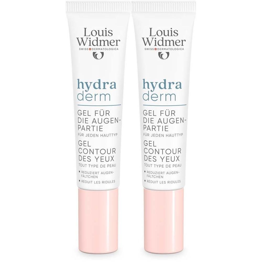 Zwei Tuben Augenpflegegel. Weiß, mit rosa Verschluss. Aufschrift: Louis Widmer, hydra derm, Gel für die Augenpartie.