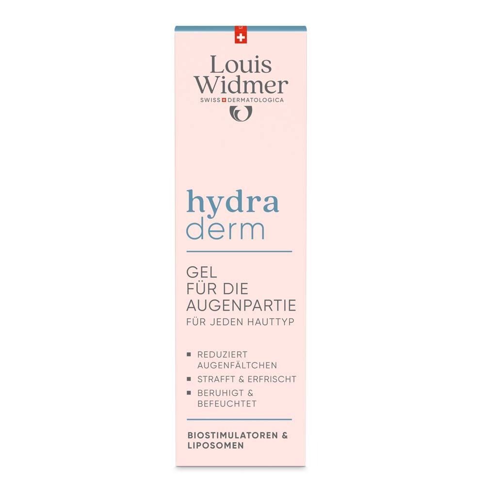 Produktverpackung. Rosa, rechteckig. Aufschrift: Louis Widmer, hydra derm, Gel für die Augenpartie. Enthält Informationen zum Produkt.