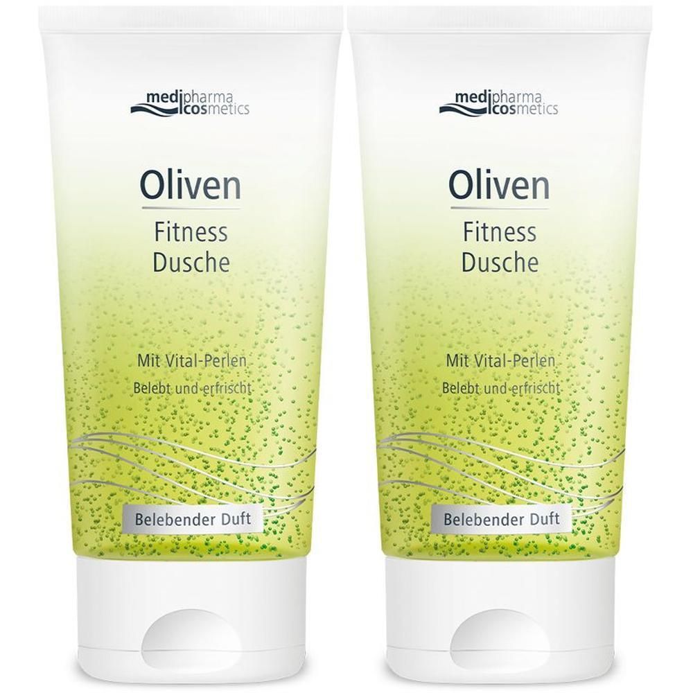 Zwei Tuben Oliven Fitness Dusche. Weiße Tuben mit grünem Inhalt und Schriftzug. Vital-Perlen und belebender Duft.