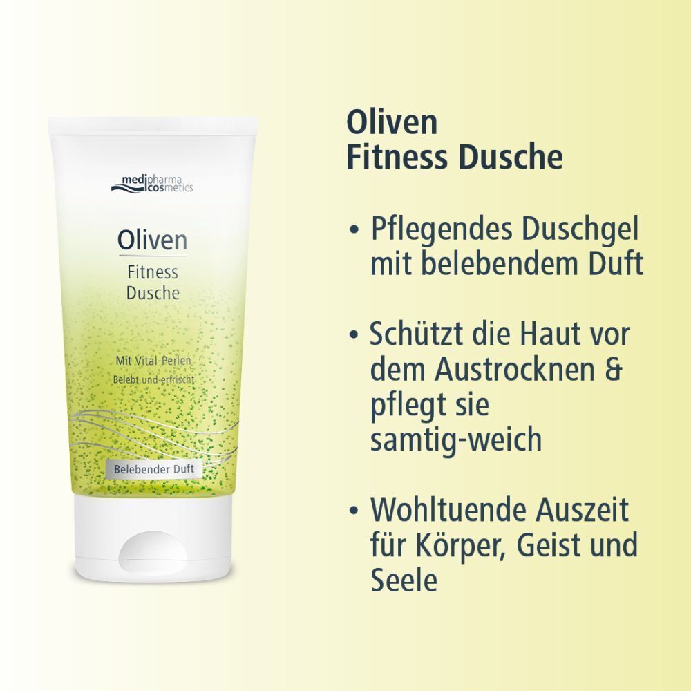 Tube Oliven Fitness Dusche. Weiße Tube mit grünem Inhalt und Schriftzug. Pflegendes Duschgel mit belebendem Duft.