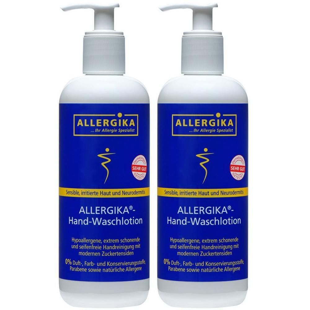 Zwei weiße Flaschen mit blauen Etiketten. Aufschrift: ALLERGIKA Hand-Waschlotion. Pumpverschluss. Sehr gut bewertet.