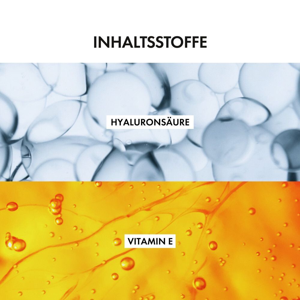 Nahaufnahme von Inhaltsstoffen. Text: Hyaluronsäure und Vitamin E.