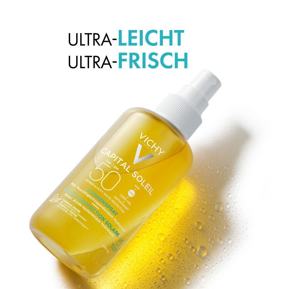 Gelbe Sonnenspray-Flasche mit weißem Sprühkopf. Text: Vichy Capital Soleil 50. Ultra-leicht, ultra-frisch.