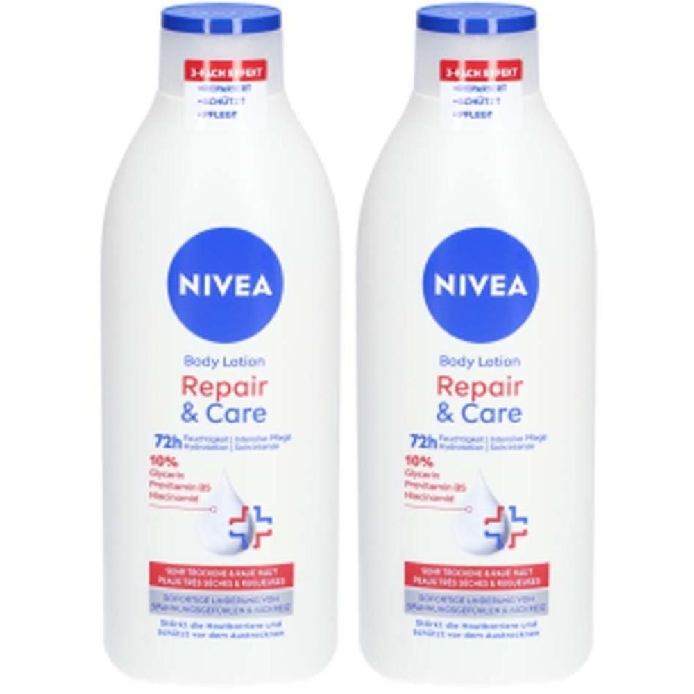 Zwei weiße Flaschen NIVEA Body Lotion Repair & Care. Blaue Deckel und Logos. Rote und blaue Schriftzüge. 72h Feuchtigkeit.