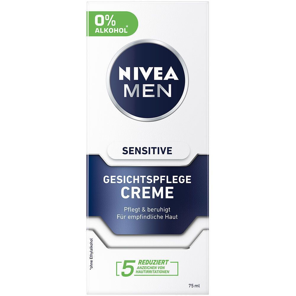 Verpackung NIVEA MEN Sensitive Gesichtspflege Creme. Weiß, mit blauem Streifen und Logo. Text: Sensitive, Creme, 0% Alkohol, 75 ml.